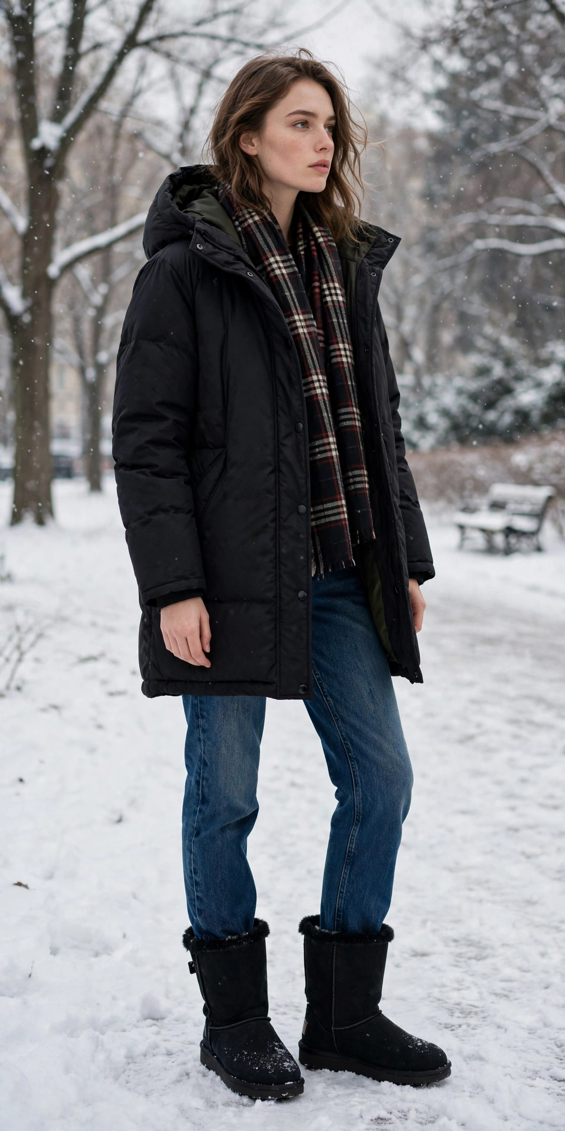 Woman in UGG Tasman slippers under dark straight-leg jeans with a matching camel sweater set