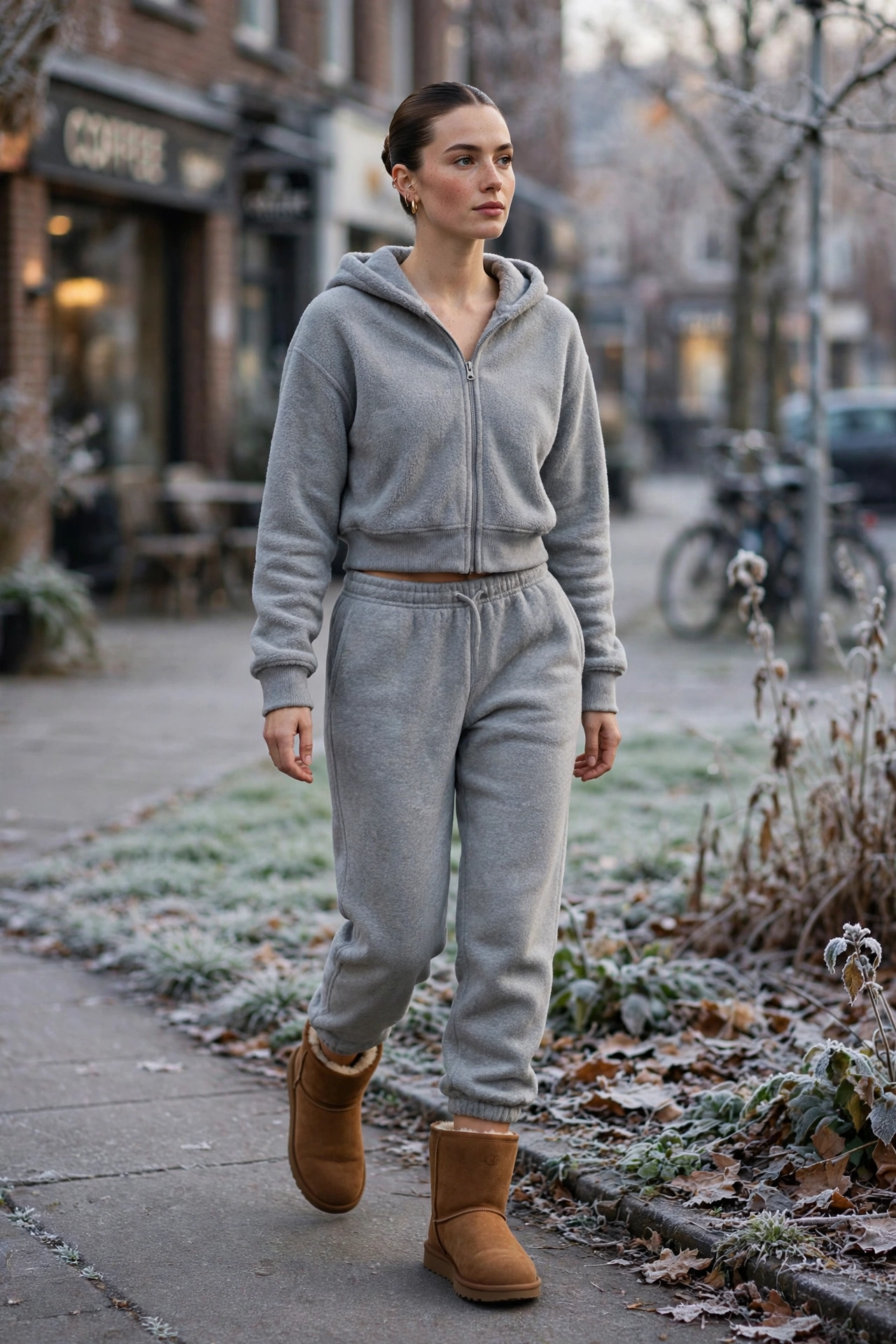 Woman in chestnut UGG Classic Minis with grey fleece sweatpants and a cropped zip-up hoodie