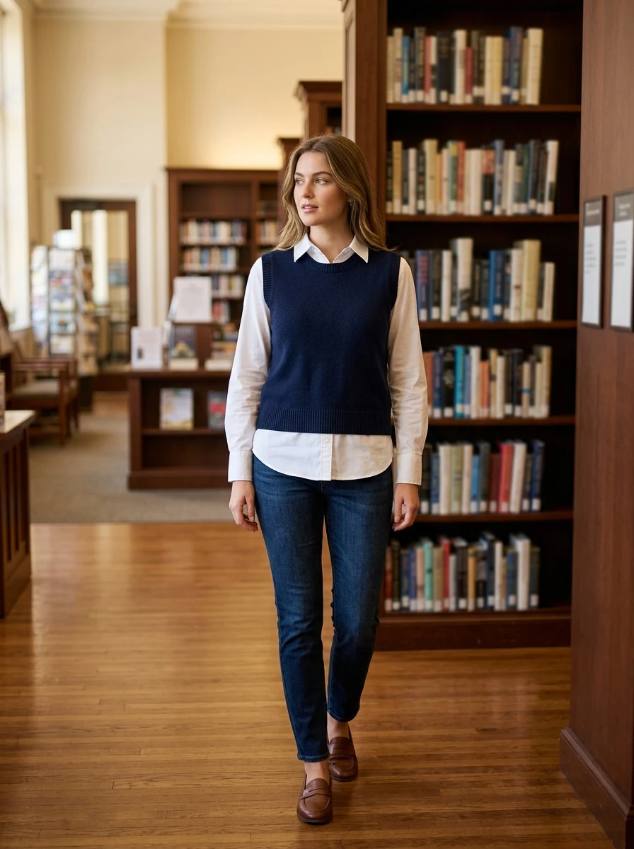 A woman wears a crisp white collared shirt underneath a navy knit sweater vest. She pairs this with dark trousers. The setting is a quiet library, reflecting the academic and comfortable nature of the outfit.