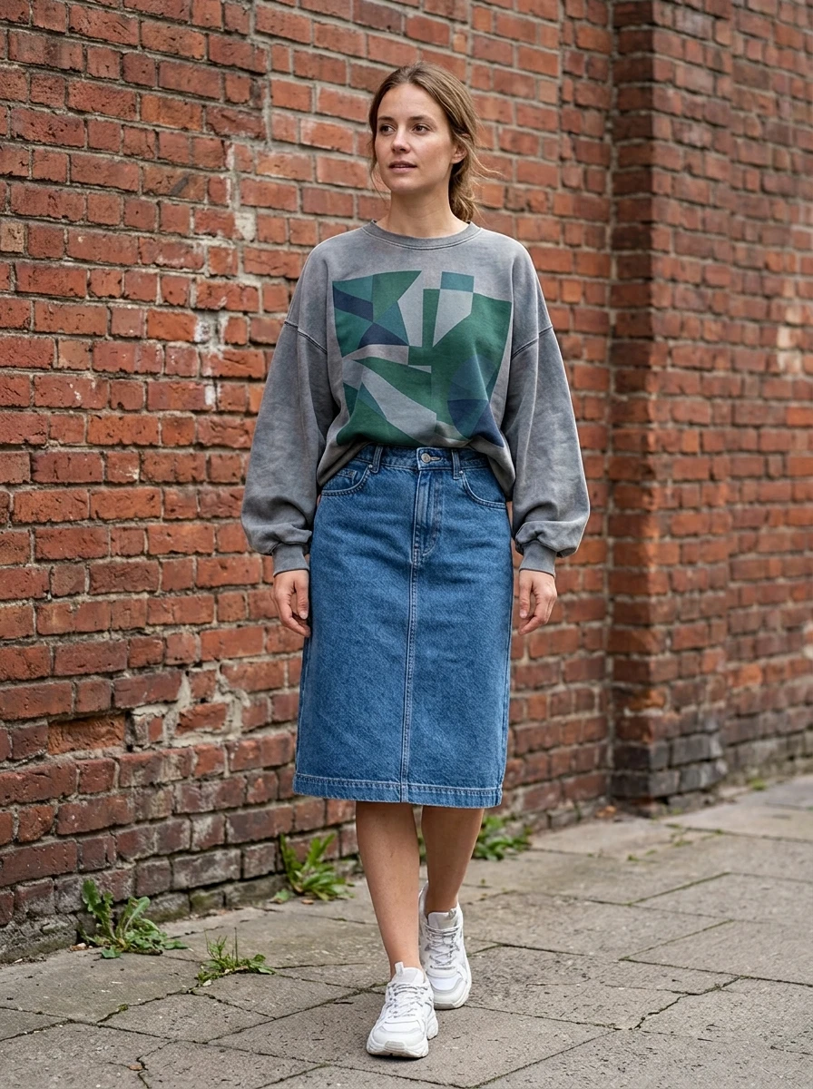 A woman wears a medium wash denim skirt with an oversized gray sweatshirt. She wears clean white sneakers. The brick wall provides a textured backdrop that complements the casual nature of the denim and fleece.