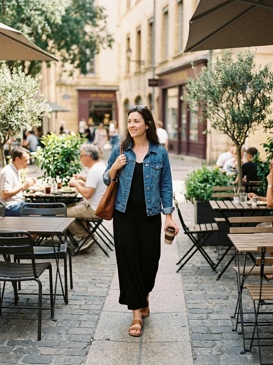 A woman wears a simple black jersey maxi dress topped with a classic blue denim jacket. She wears comfortable flat sandals. The setting is an outdoor cafe, emphasizing the relaxed and practical nature of the look.