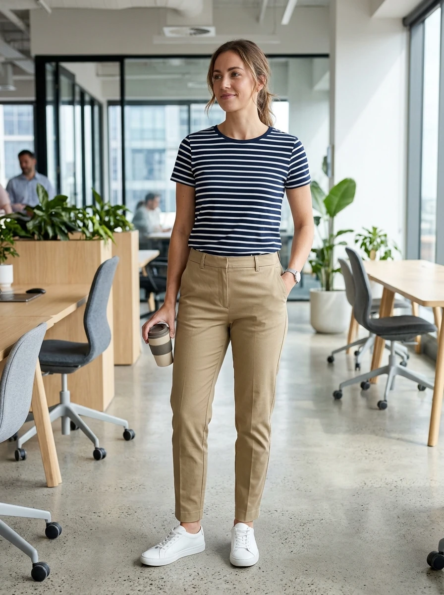 A woman wears khaki tapered chinos and a navy and white striped t shirt. She wears simple leather flats. The modern office background highlights the clean, professional, and comfortable nature of the outfit.