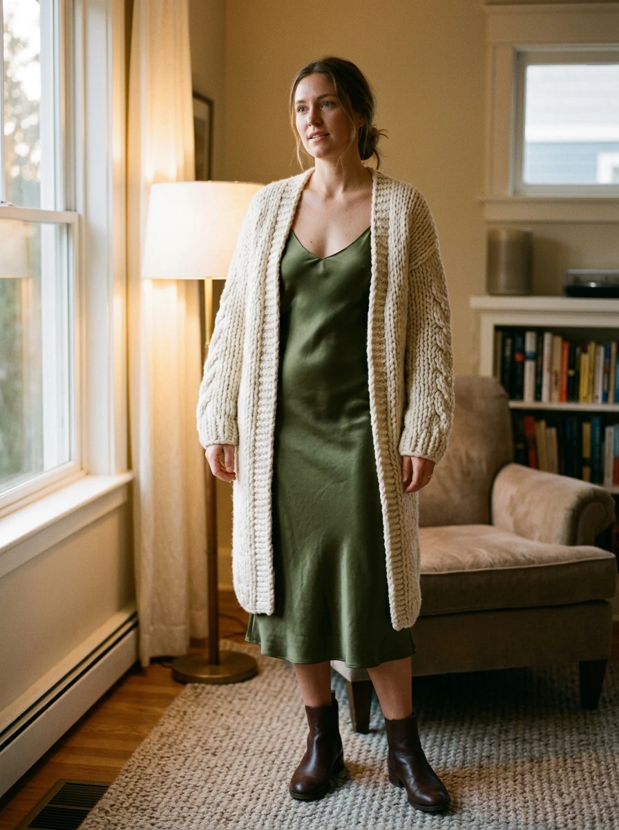 A woman wears a long, heavy knit cardigan over a light colored satin slip dress. The contrast between the chunky wool and the smooth satin is clear. The warm indoor lighting creates a cozy and inviting atmosphere.