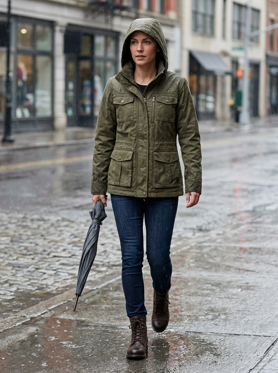 A woman wears a green utility jacket with visible pockets over dark denim jeans. She wears leather ankle boots. The street setting is slightly wet, emphasizing the functional and weather resistant nature of the outfit.
