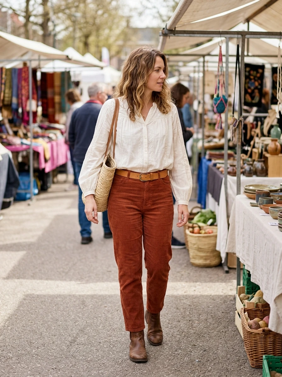 A woman wears a white boho blouse with loose sleeves tucked into rust colored corduroy pants. She wears suede booties. The outdoor market background adds to the relaxed and creative feel of the ensemble.