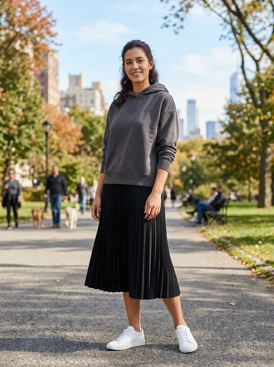 A woman wears a simple gray pullover hoodie paired with a black pleated midi skirt. She wears white sneakers. The city park setting provides a casual and active backdrop for this comfortable yet stylish outfit.