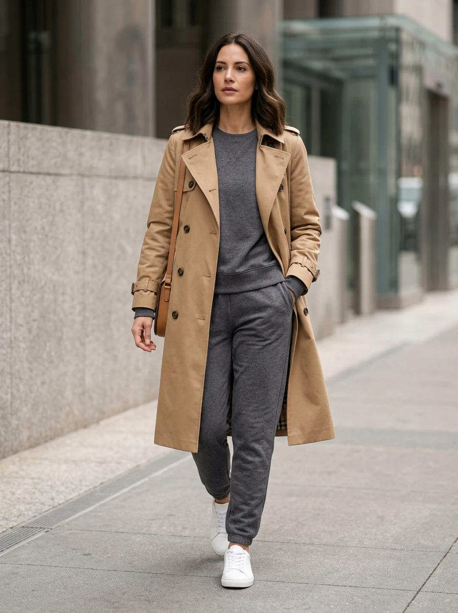 A woman is dressed in a matching charcoal gray sweatshirt and joggers. Over this, she wears a classic tan trench coat. She is wearing clean white sneakers. The look is simple, functional, and organized for a busy day of errands.