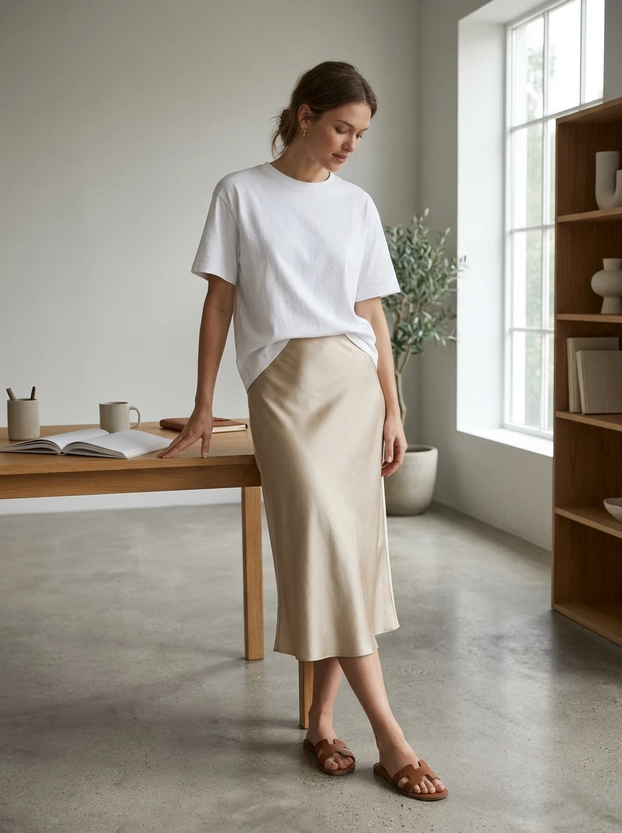 A woman wears a flowing champagne colored silk midi skirt paired with a plain white boxy t shirt. The skirt has a soft sheen. She wears minimalist leather sandals. The setting is a bright, airy room with neutral walls.