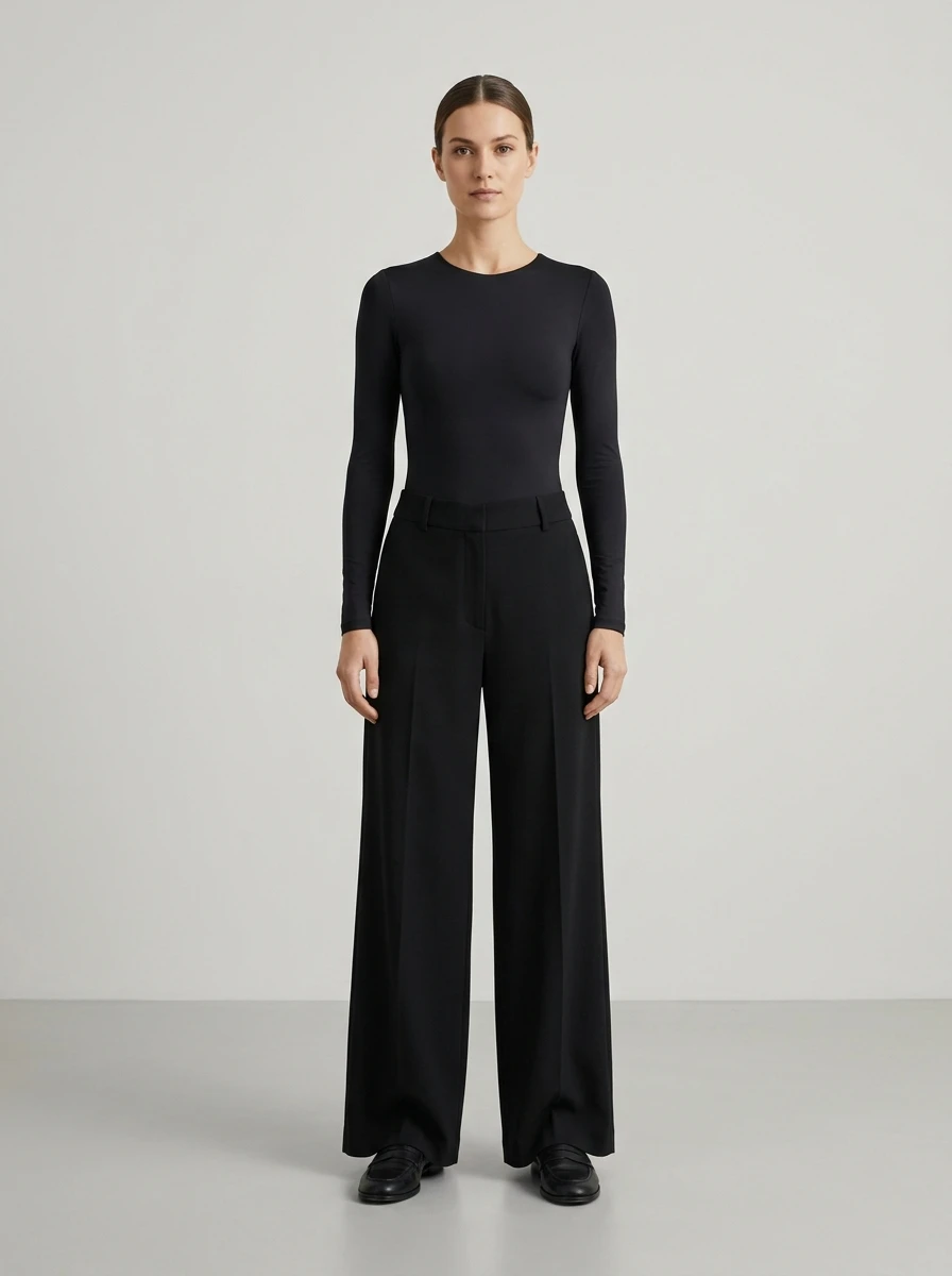 A woman stands in a studio wearing black wide leg trousers and a form fitting black bodysuit. The silhouette is streamlined and modern. She wears simple pointed toe flats. The composition is centered, showing the full outfit clearly.