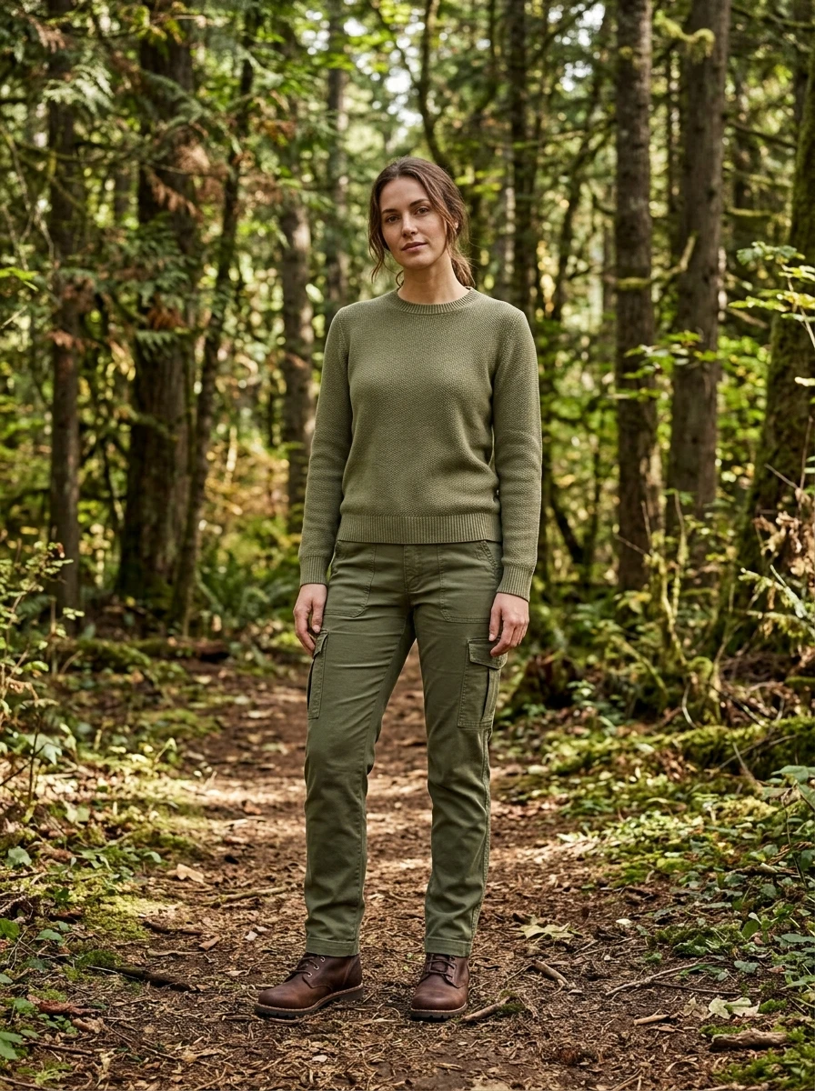 A woman dressed in various shades of olive green, wearing cargo pants and a knit sweater. She wears brown leather boots. The forest background complements the earthy tones of her outfit. The look is cohesive and grounded.