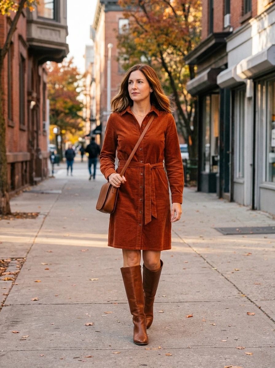 A woman wears a rust colored corduroy shirt dress with buttons down the front. She is paired with tall brown leather boots. The texture of the corduroy is visible. She stands on a city sidewalk in soft autumn light.