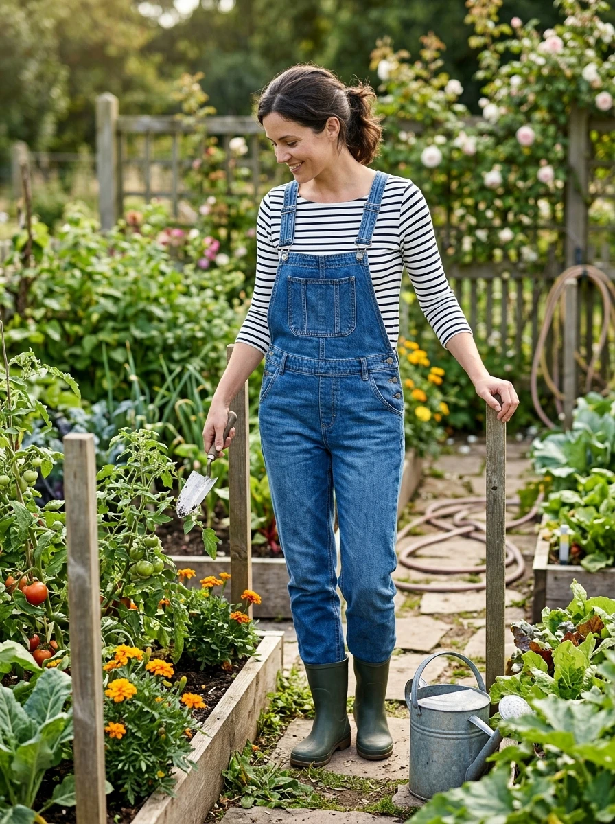A woman wears classic blue denim overalls over a black and white striped long sleeve shirt. She wears casual sneakers. The setting is a lush garden, providing a relaxed, approachable feel to the outfit.