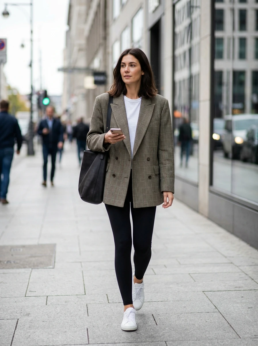 A woman wears an oversized plaid blazer over a simple top and black leggings. The look balances formal structure with casual comfort. She wears black ankle boots. The urban background provides a neutral, modern setting.