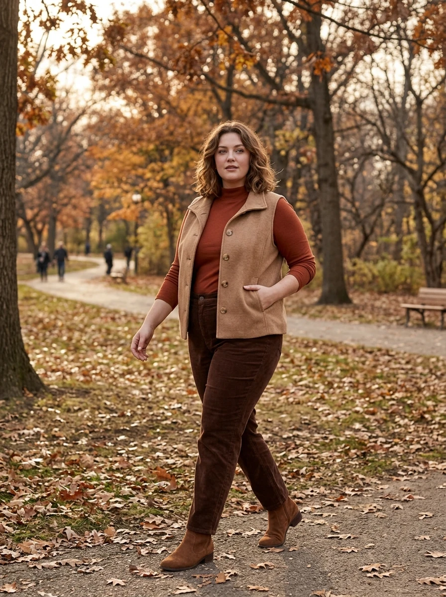 A woman wearing various earth toned layers, including a rust colored top and tan vest, creating a harmonious and warm color palette for the season.