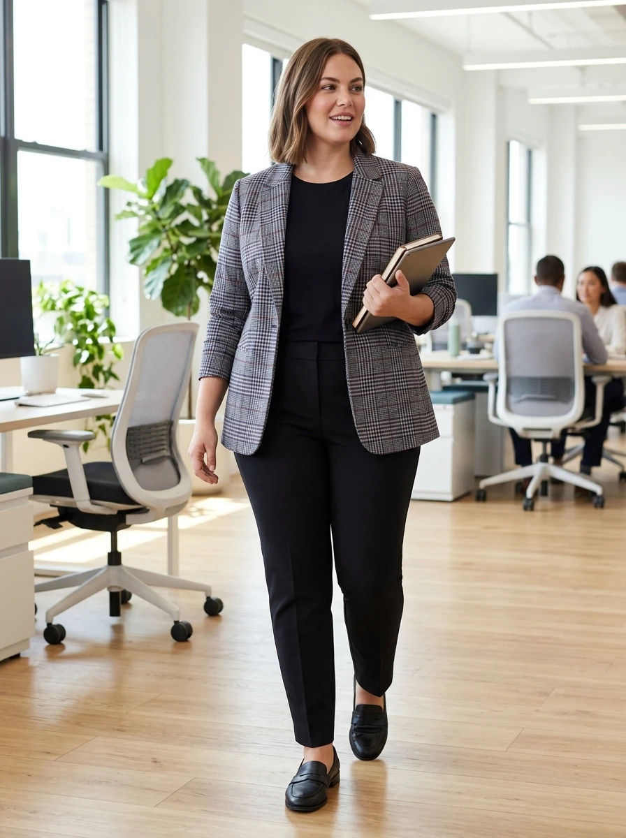 A woman wearing a classic plaid blazer over black trousers, showcasing a professional and timeless winter outfit suitable for the workplace.