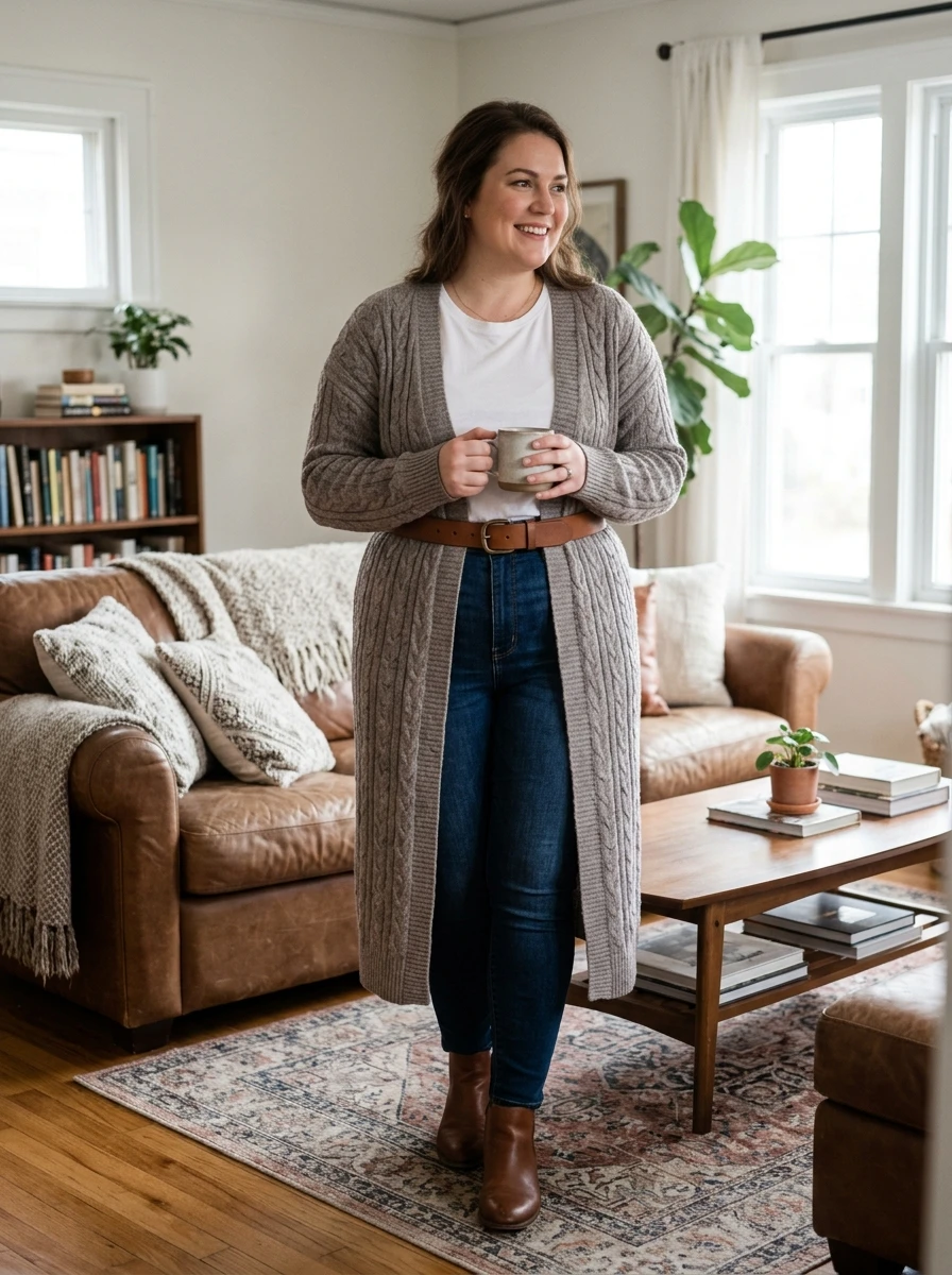 A woman wearing a long duster style cardigan over a white tee and skinny jeans, offering a comfortable and versatile look for daily wear.