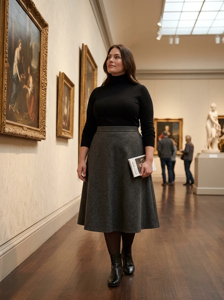 A woman wearing a charcoal wool A line skirt paired with a fitted black turtleneck, creating a sophisticated and textured outfit for winter activities.