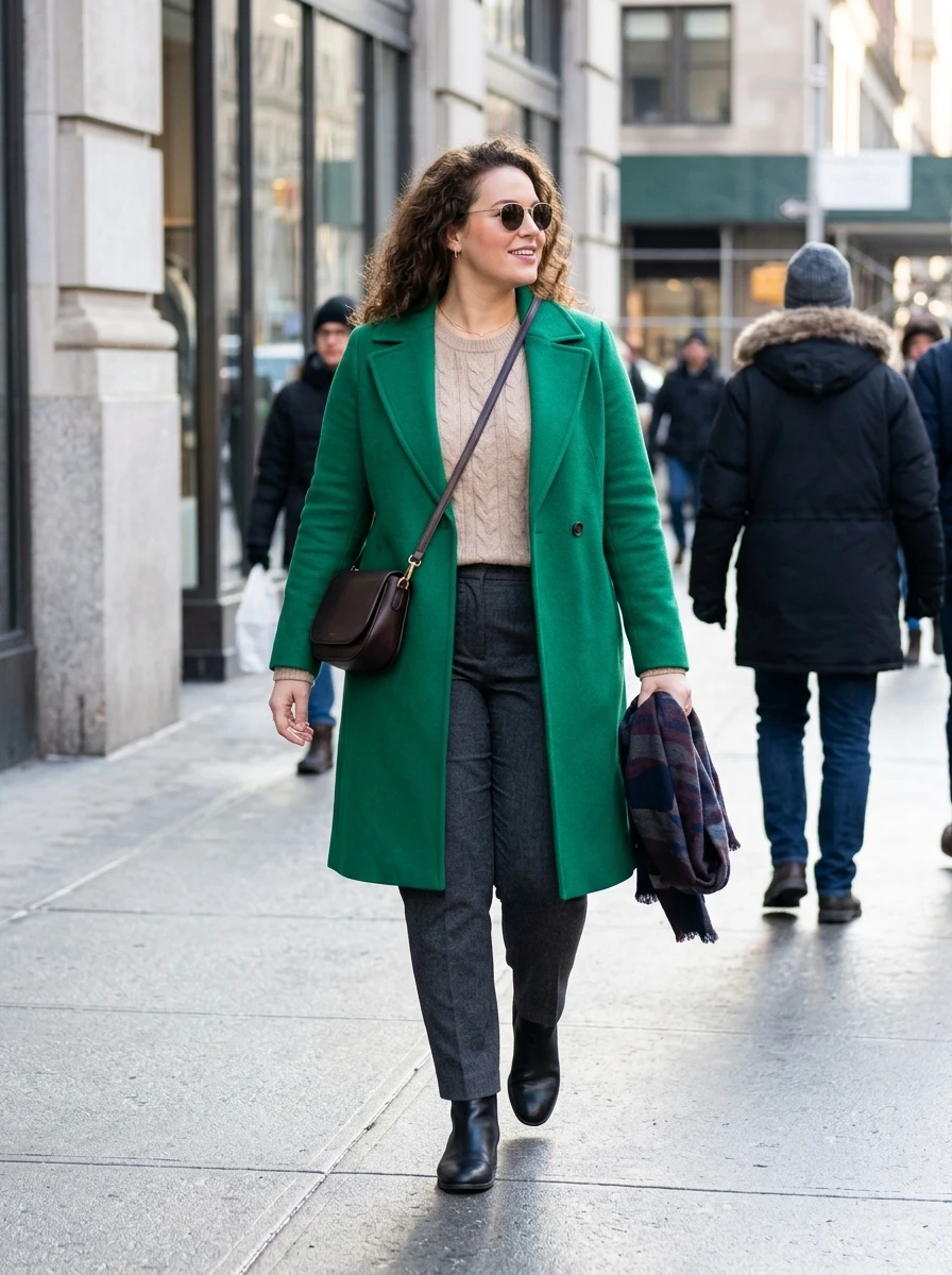 A woman wearing a striking emerald green coat over neutral base layers, serving as a bold focal point for a stylish winter ensemble.