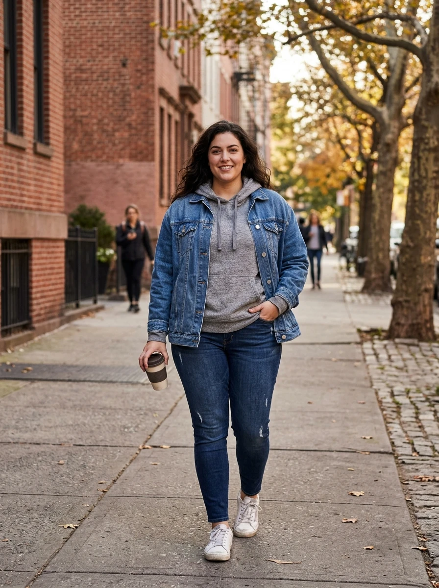 A woman wearing a denim jacket layered over a comfortable hoodie, presenting a practical and relaxed outfit for casual winter days.