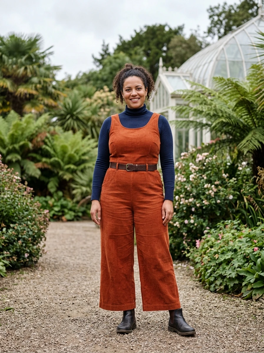 A woman wearing a wide leg corduroy jumpsuit over a long sleeve turtleneck, providing a stylish and warm one piece option for winter weather.
