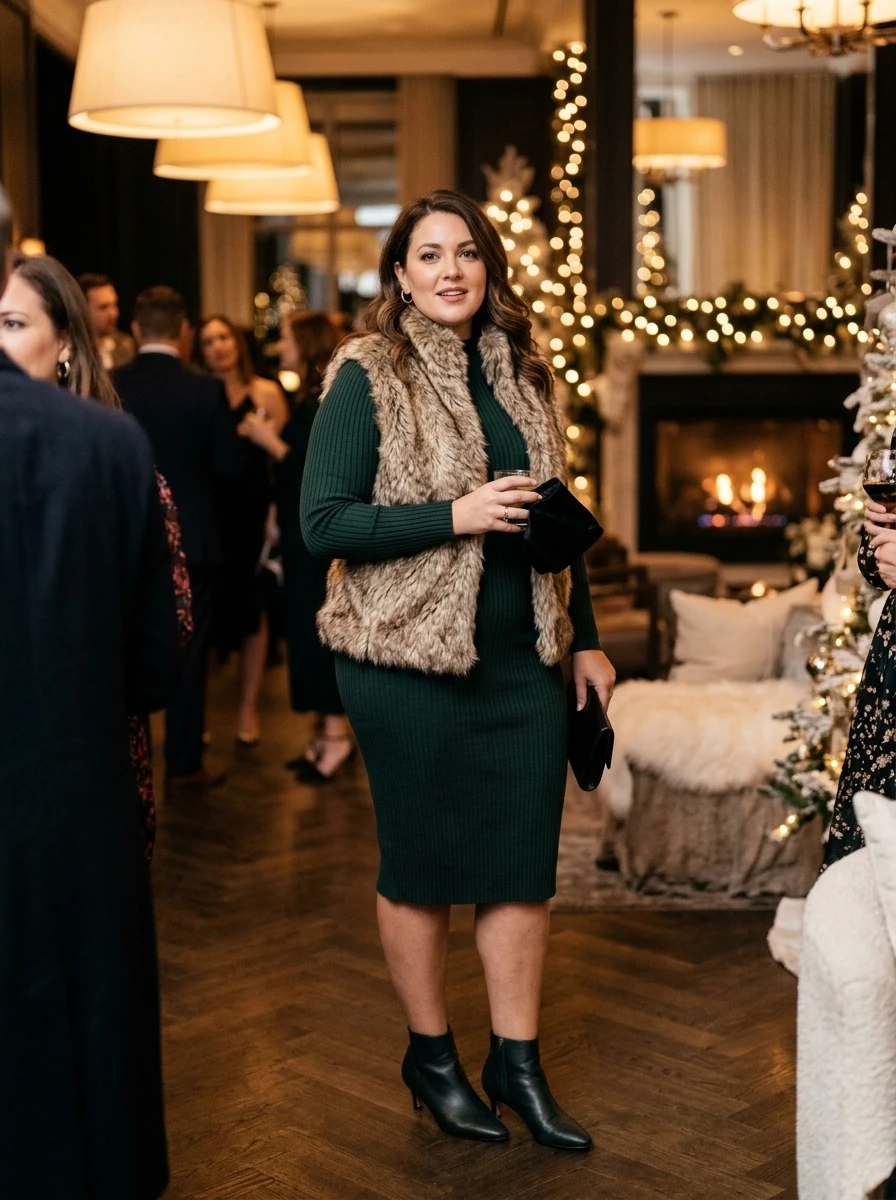 A woman wearing a faux fur vest over a ribbed knit dress, combining luxury and warmth for a sophisticated winter appearance.