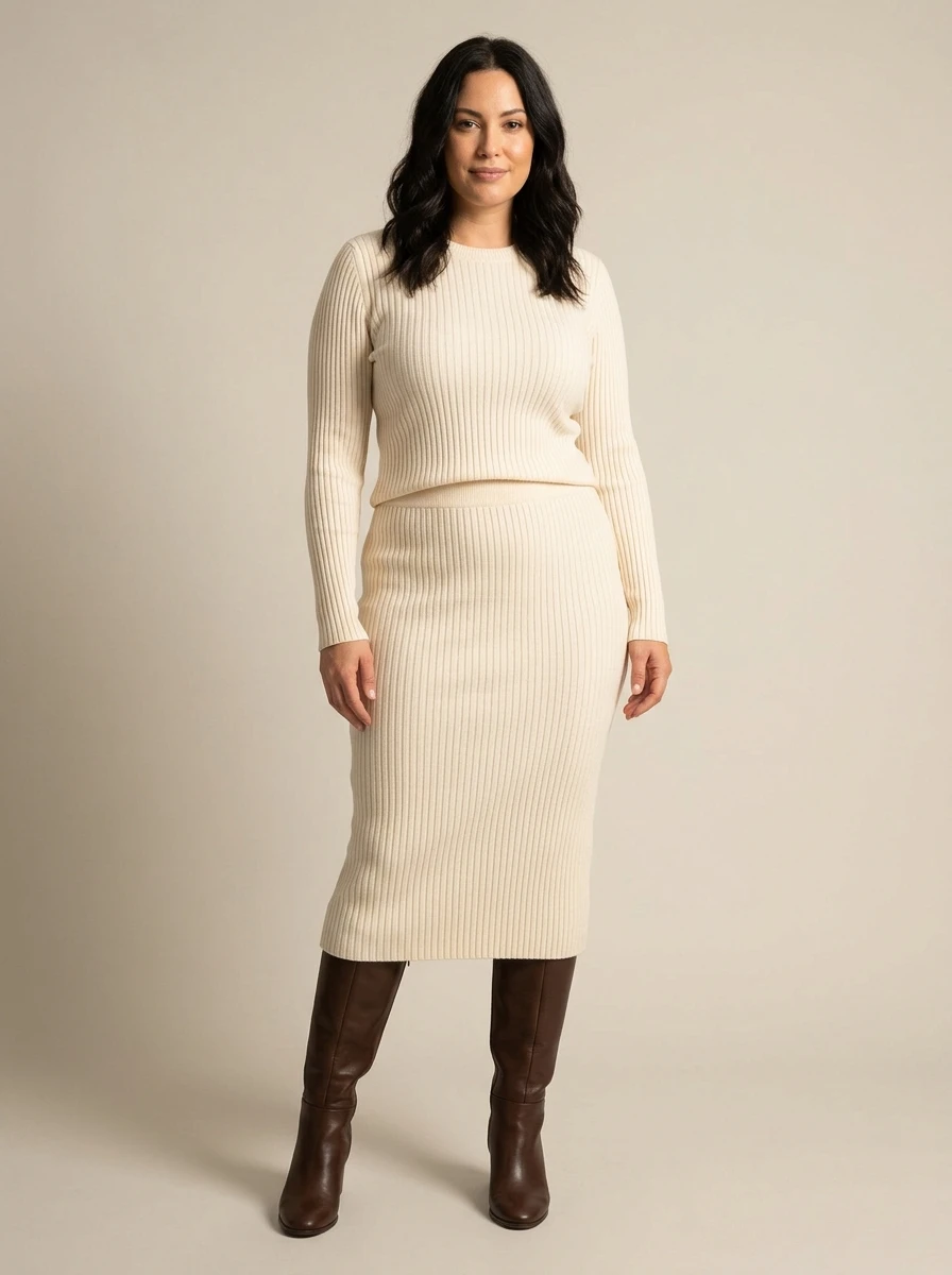 A woman wearing a monochromatic cream knit set consisting of a sweater and midi skirt, styled with leather boots for a cohesive and sophisticated winter aesthetic.