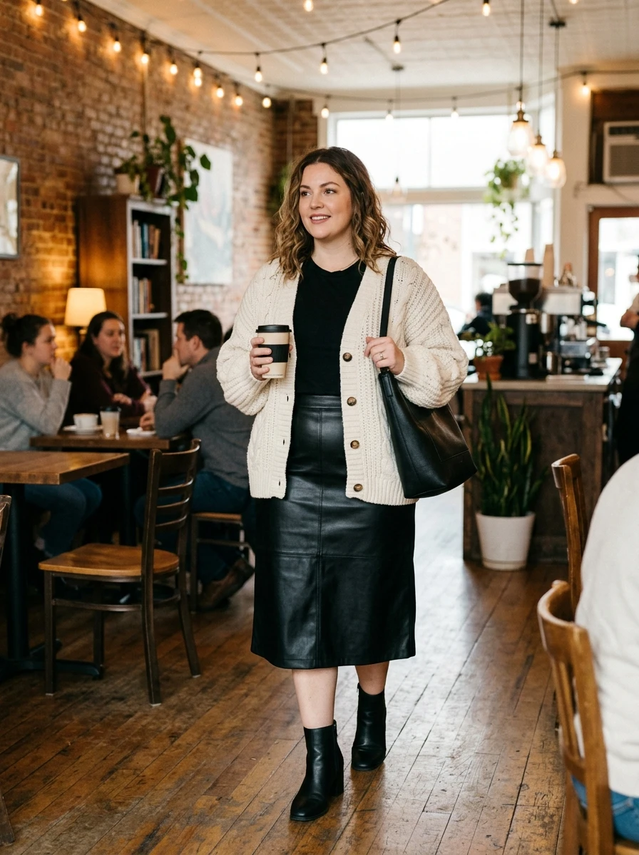 A woman dressed in a black faux leather midi skirt and a chunky cable knit cardigan, creating a balanced texture profile for a casual weekend winter outing.
