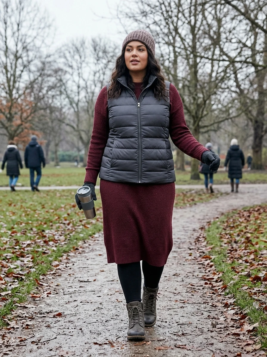 A woman wearing a practical puffer vest layered over a long sleeve knit dress, demonstrating a functional and warm outfit choice for fluctuating winter temperatures.