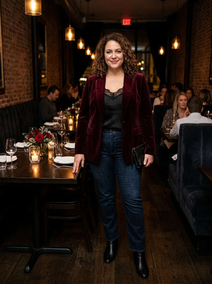 A woman styled in a rich velvet blazer paired with dark wash denim, offering a sophisticated and textured option for evening winter occasions.