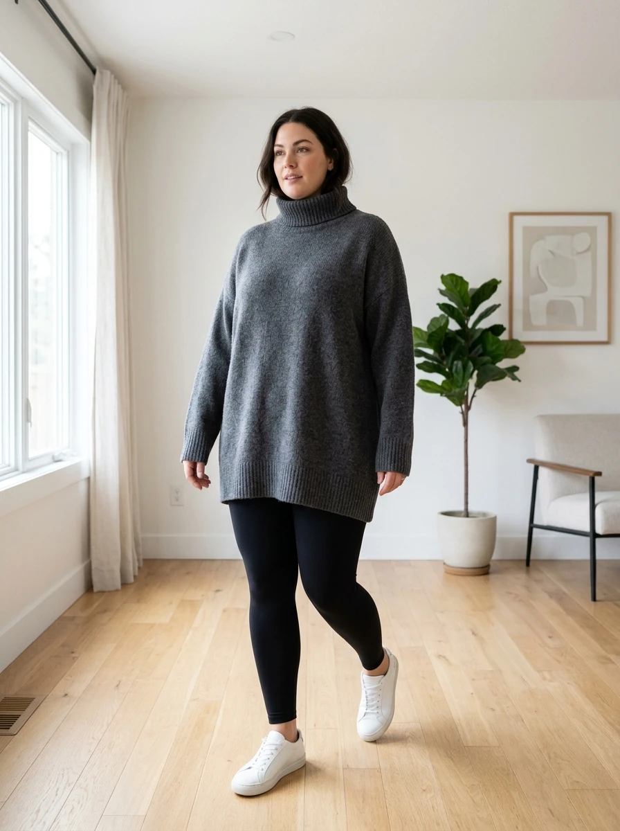 A woman wearing a cozy oversized turtleneck sweater with black leggings, highlighting a comfortable and balanced silhouette for relaxed winter days.
