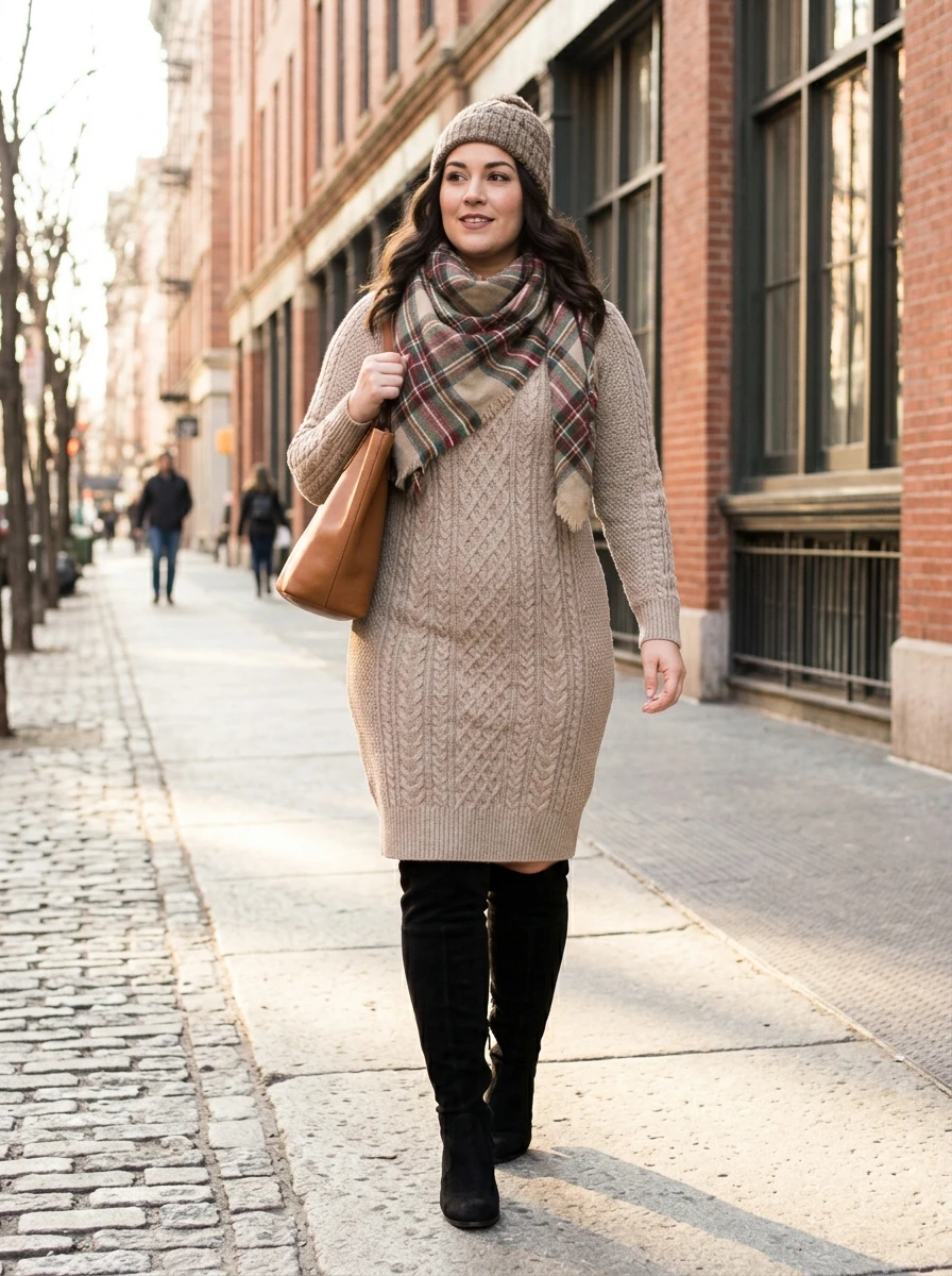 A woman wearing a knit sweater dress paired with over the knee boots, creating a streamlined and stylish look for cold weather outings.