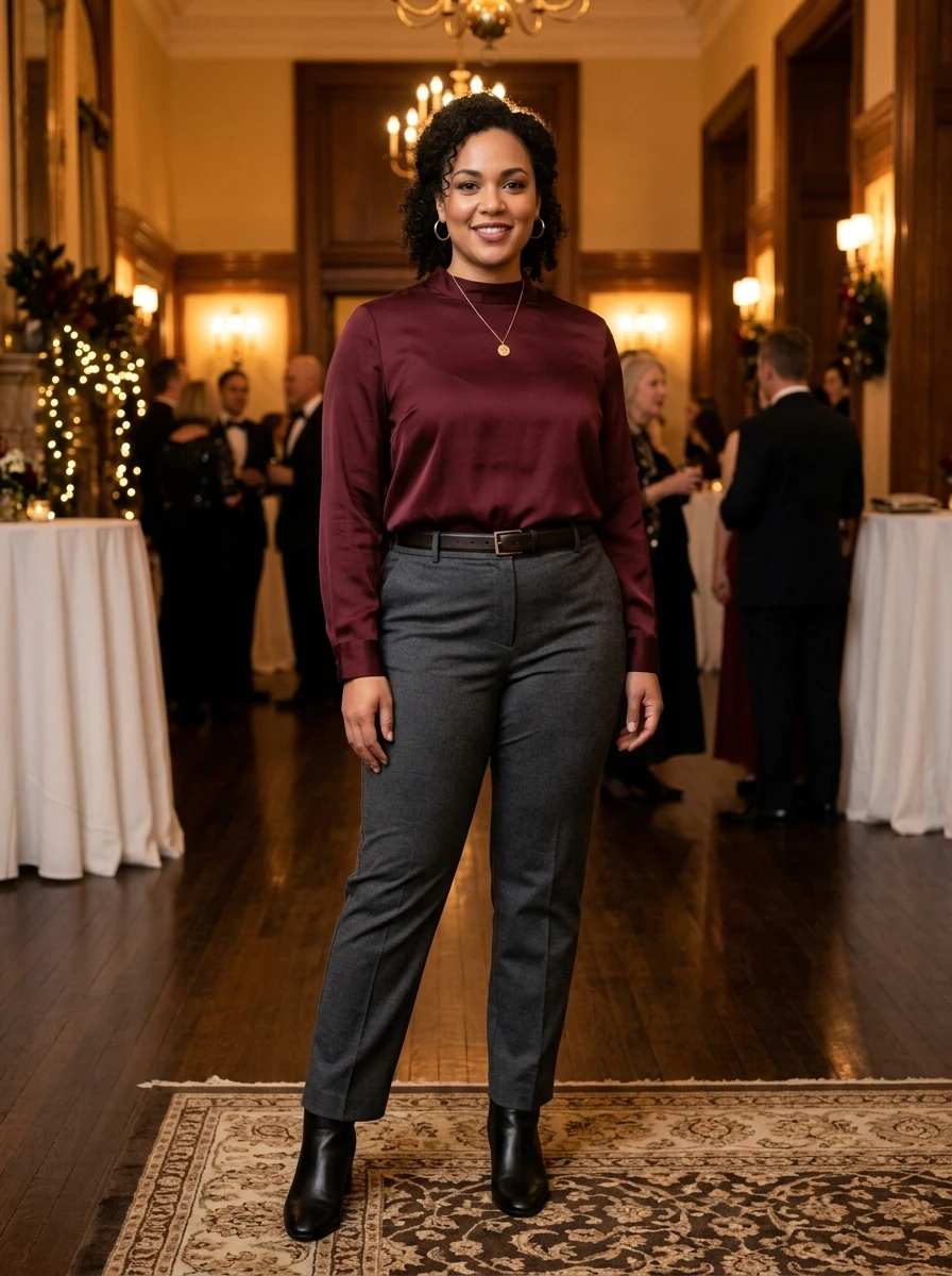 A woman styled in fleece lined trousers that resemble dress slacks paired with a silk blouse, proving that comfort and formal style can coexist in winter.