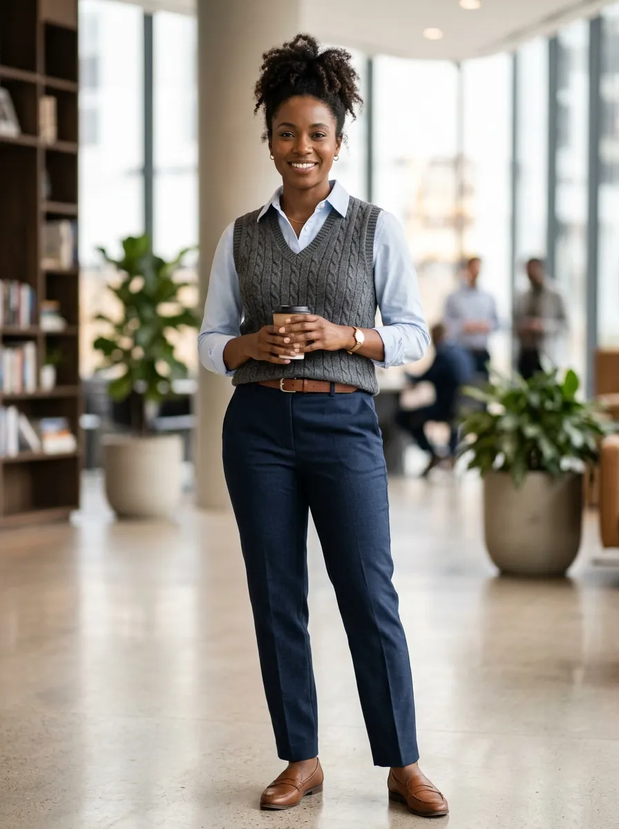 Button Down Shirt and Knit Vest — 17 Easy Outfit Ideas for Fall Outfits for Black Women