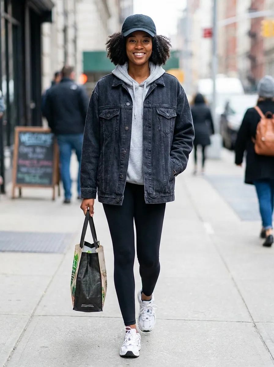 Denim Jacket over Hoodie and Leggings — 17 Easy Outfit Ideas for Fall Outfits for Black Women