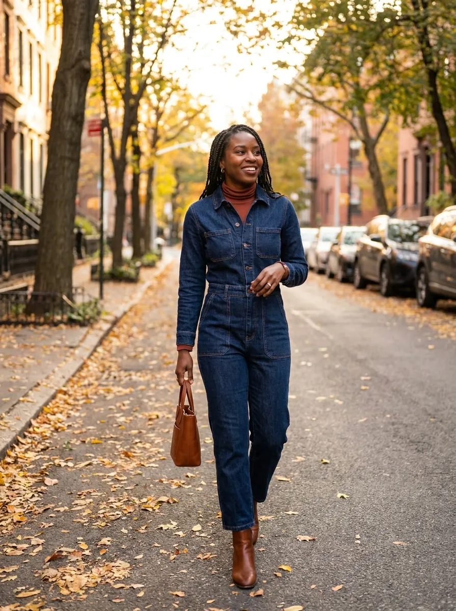 Denim Jumpsuit and Turtleneck — 17 Easy Outfit Ideas for Fall Outfits for Black Women