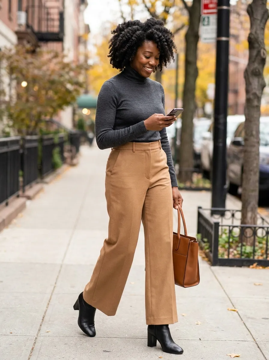 Wide Leg Trousers and Fitted Turtleneck — 17 Easy Outfit Ideas for Fall Outfits for Black Women