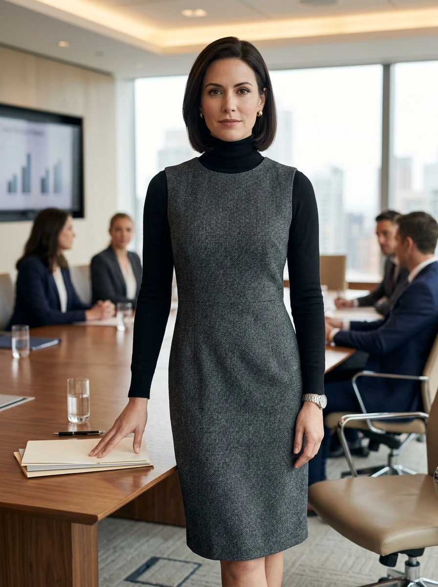 A woman wearing a fitted turtleneck layered under a sleeveless shift dress in an office setting.