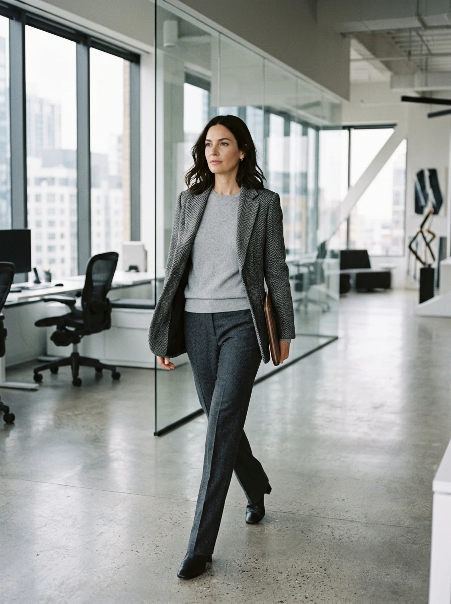 A woman wearing a gray wool outfit featuring trousers, a cashmere sweater, and a herringbone blazer.