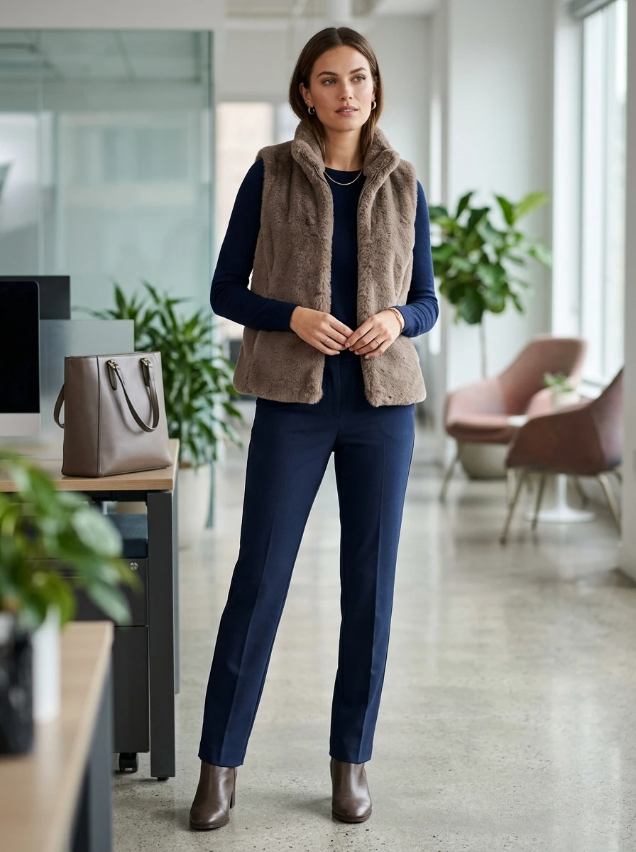 A woman wearing a faux fur vest over a long sleeve top and trousers in an office.