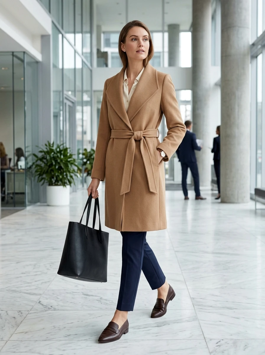 A woman wearing a belted wrap coat over trousers and a blouse in an office lobby.