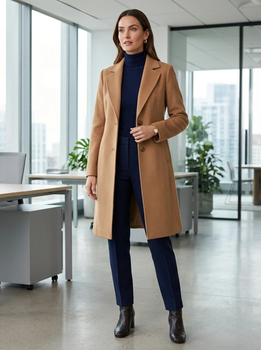 A woman wearing a camel wool coat over a navy turtleneck and navy trousers in an office.