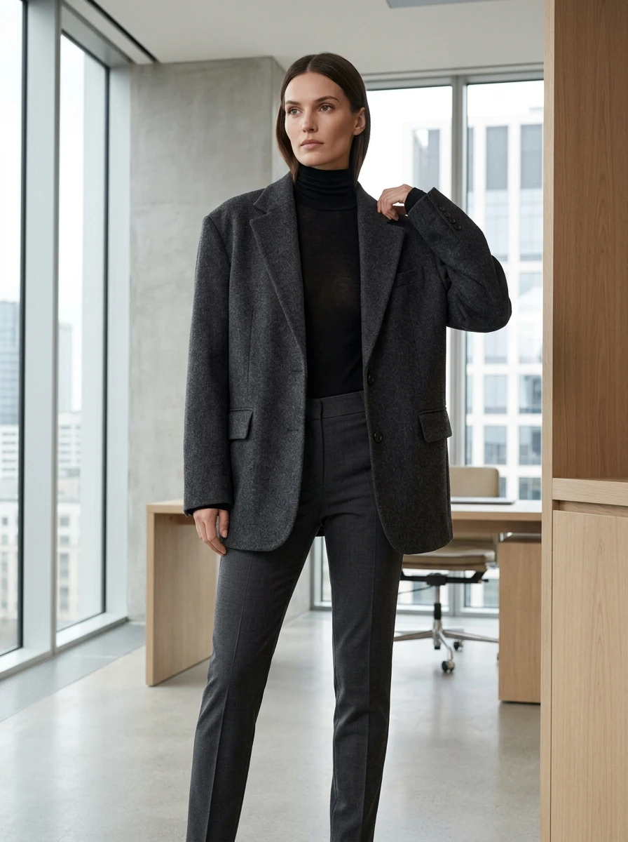 A person wearing a structured charcoal blazer over a black turtleneck with slim trousers in a professional office setting.