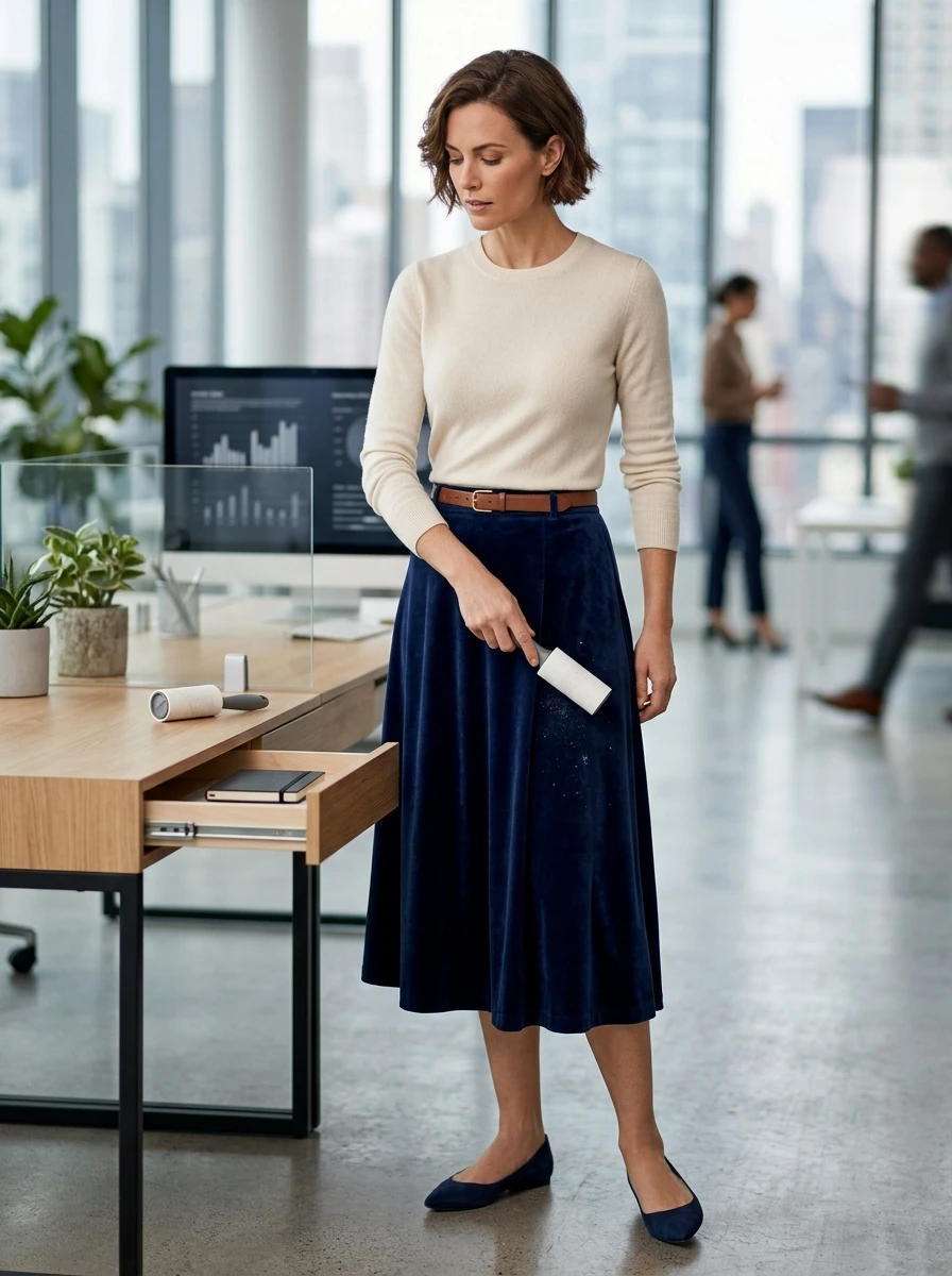 A woman dressed in a navy velvet midi skirt and a fitted cashmere sweater standing in a workspace.