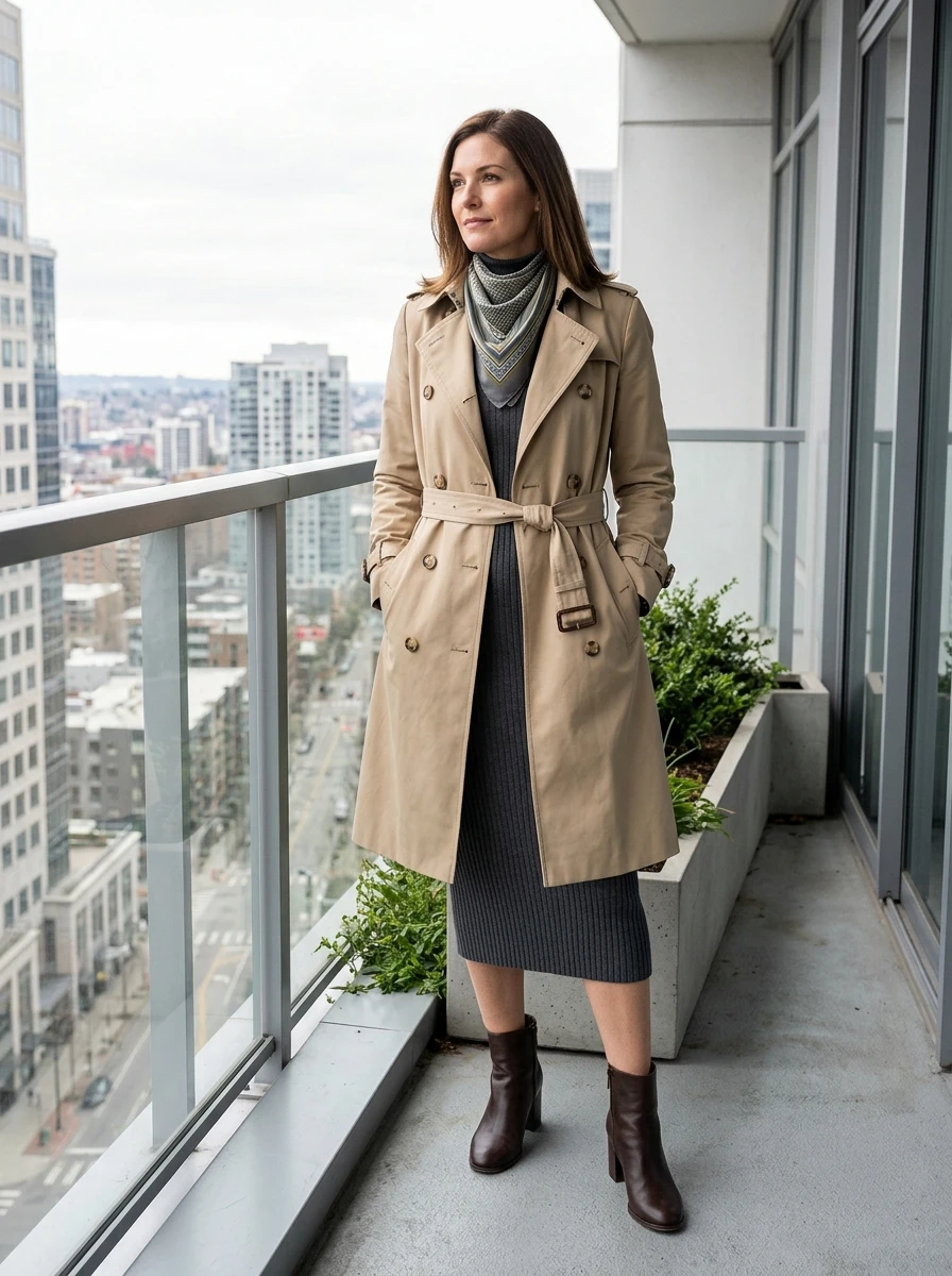 A woman wearing a beige trench coat layered over a long ribbed knit dress in an office environment.