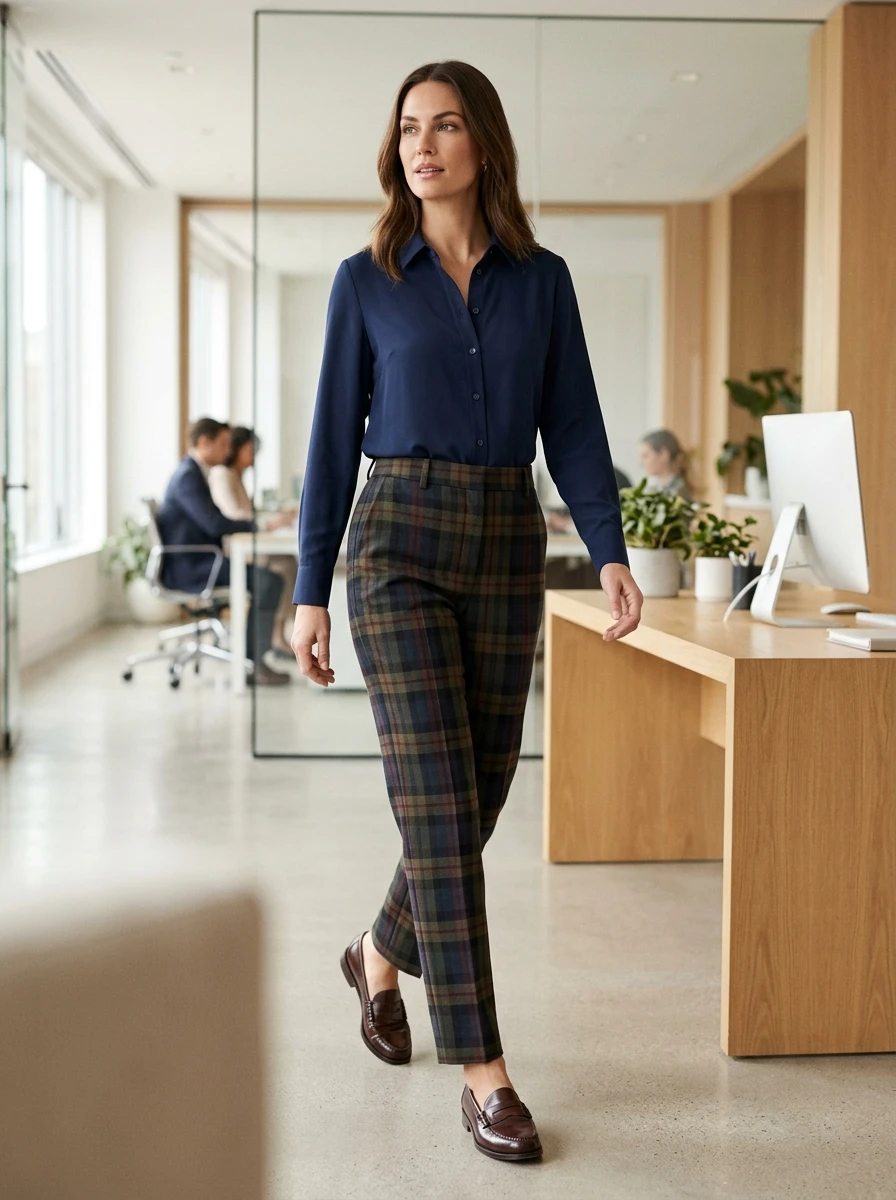 A woman wearing plaid trousers and a navy blouse with loafers in a professional office setting.