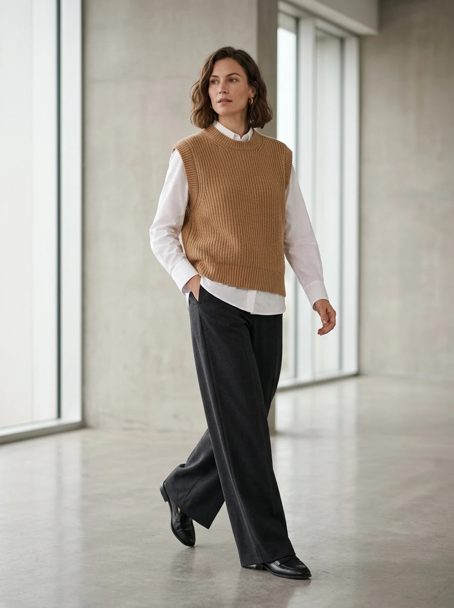 A woman wearing a camel colored wool vest over a crisp white button up shirt and dress pants.