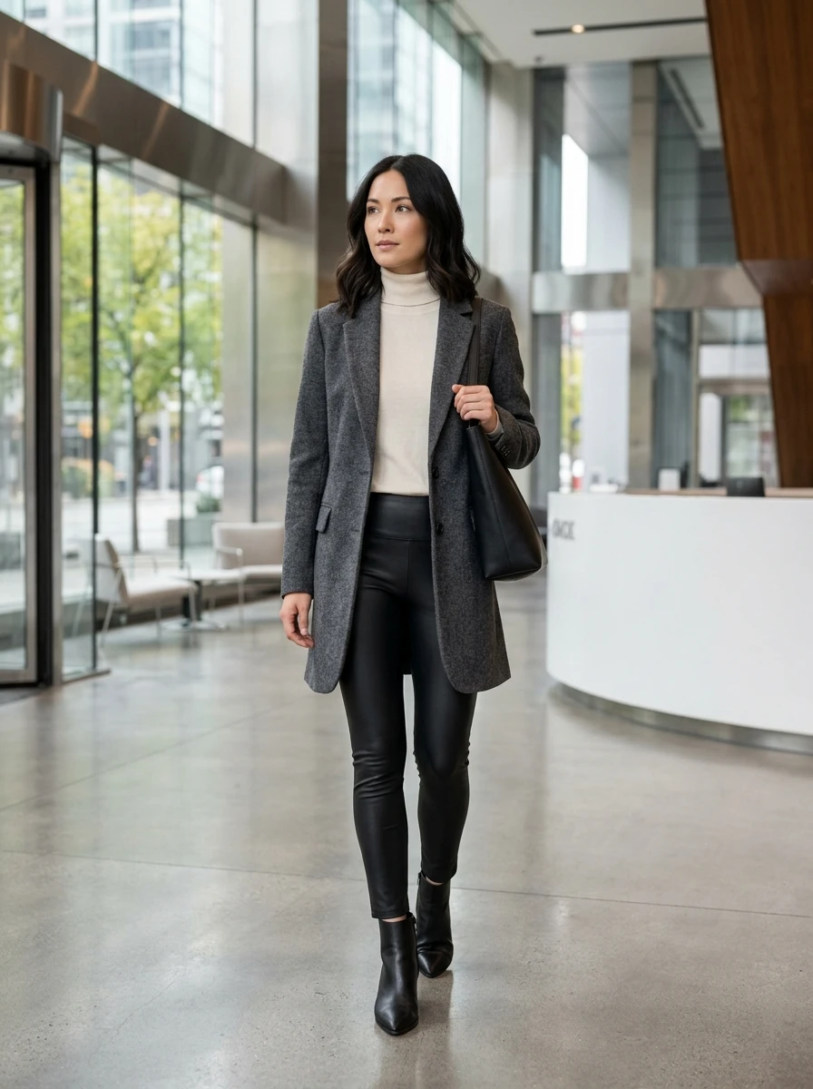 A woman wearing matte black faux leather leggings and a long wool blazer in an office lobby.