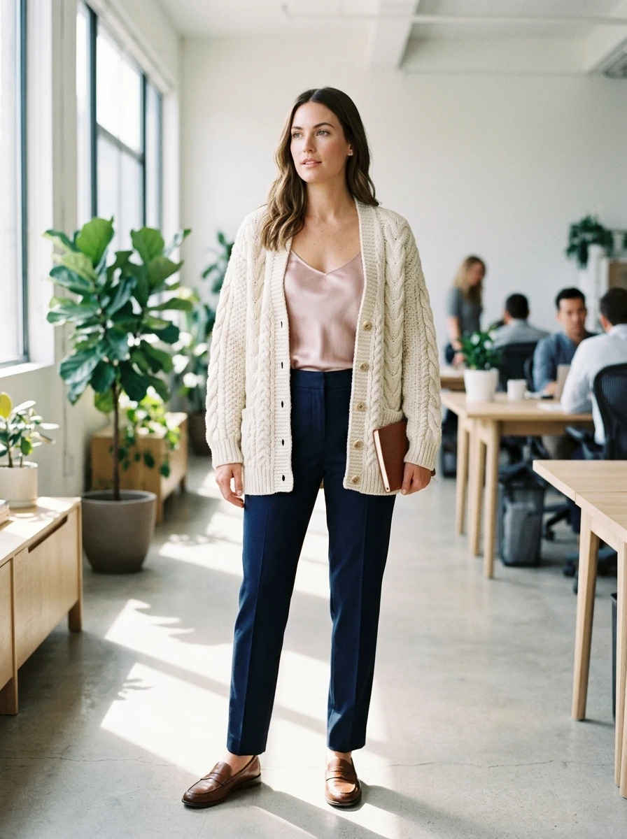 A woman wearing a chunky wool cardigan over a silk camisole and trousers in an office.