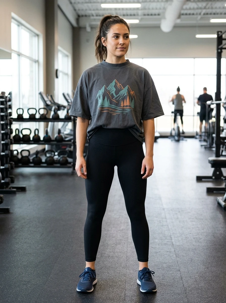 A woman wearing an oversized graphic tee tucked into leggings. She is in a gym. The look is relaxed and comfortable for a workout.