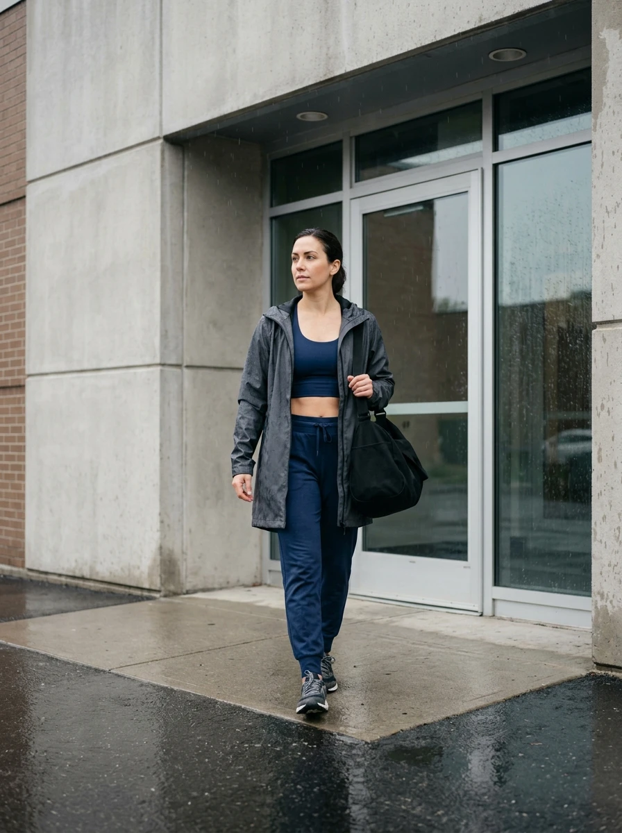 A woman wearing a longline sports bra and joggers. She is standing near a gym. The outfit is comfortable and easy to wear for a workout.